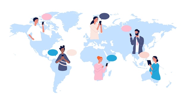 グローバリゼーション。世界地図上の人々のアバター。国際コミュニケーション、オンライン友情。さまざまな国からの多文化の女性男性が一緒にベクトルイラスト。グローバルビジネスの世界