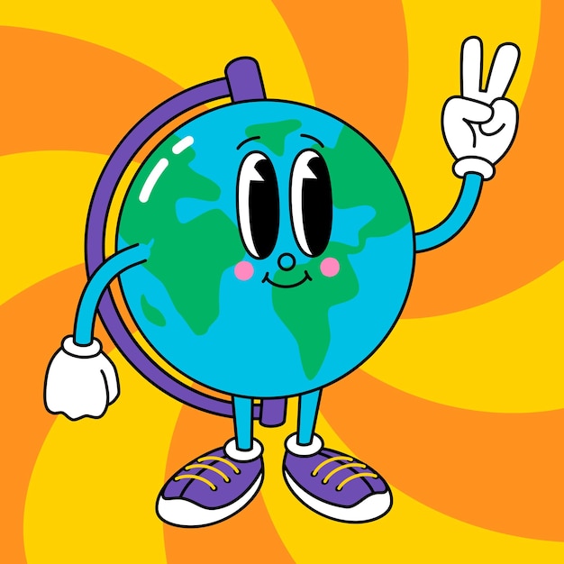 Vector globe cartoon character flat vector illustration in retro comic design