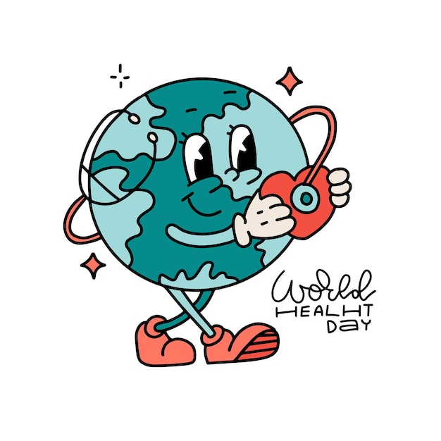 Globe character holding heart and stethoscope greetingcard design template world health day world he