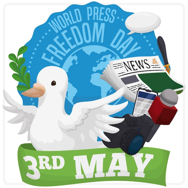 Globe design and a dove with journalist elements behind ribbon for World Press Freedom Day in May 3