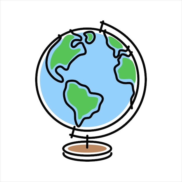 Globe drawn in a flat simplified children's style color with black outline