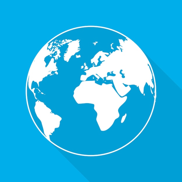 Vettore icona del globo terrestre in design piatto. pianeta terra con una lunga ombra su sfondo blu. illustrazione vettoriale.