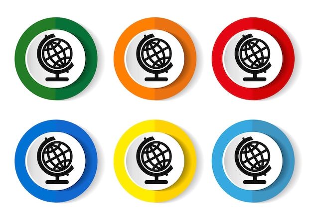 Globe and Earth Icons and Symbols flat design illustration with web buttons in 6 colors options