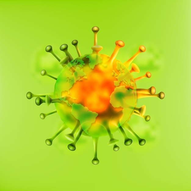 Vettore malattia del coronavirus dell'infezione della terra del globo illustrazione del pericolo del virus corona che può infettare il mondo illustrazione vettoriale isolata su sfondo verde