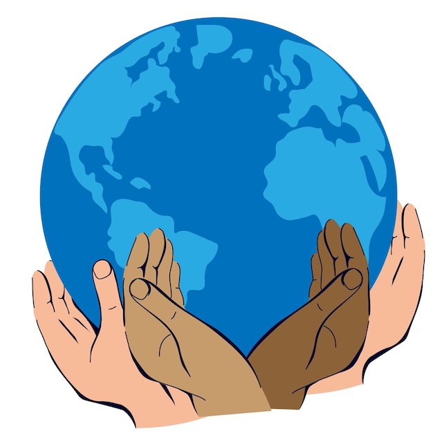 Vector globe of earth in multinational hands symbolizes peace unity and care for the planet