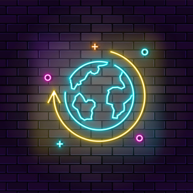 Globe Earth neon icon Education neon icon on dark brick wall background