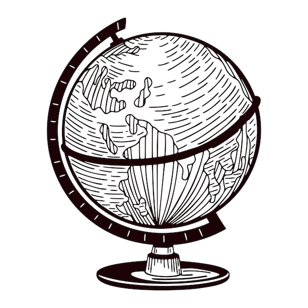 Il globo inciso isolato su sfondo bianco mappa del mondo vintage in stile disegnato a mano