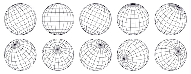 Vector globe grid spheres. striped 3d spheres, geometry globe grid, earth latitude and longitude line grid set
