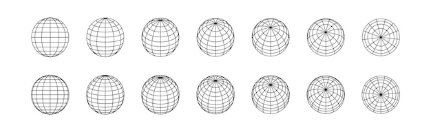Сетки глобуса 3d-сферы в различных положениях полосатые 3d-шары сетка земного шара линейная геометрия векторный набор символов шара