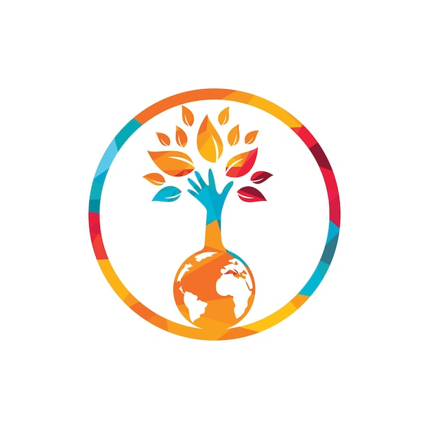 地球と手の木のベクトルのロゴのデザイン