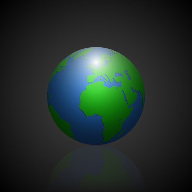 Globe icon with green shadow continents and mirror shadow planet