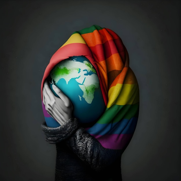 Globe in handen met LGBT-regenboogvlag