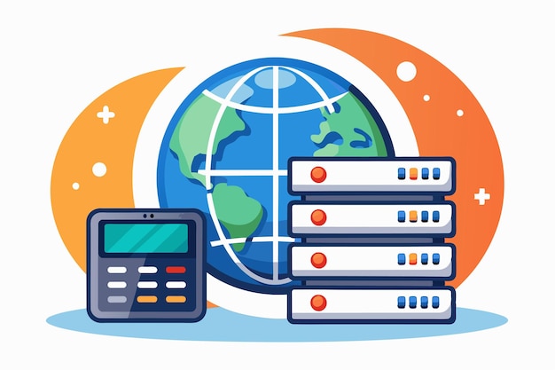 a globe is surrounded by servers and a computer representing global web hosting services and technology web hosting icon and earth globe image