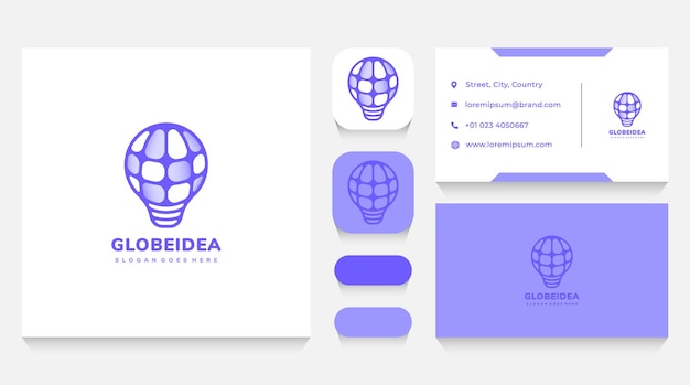 グローブ電球のアイデアのロゴのテンプレートと名刺