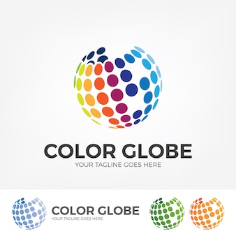 Globe-logo met kleurrijke stippen.