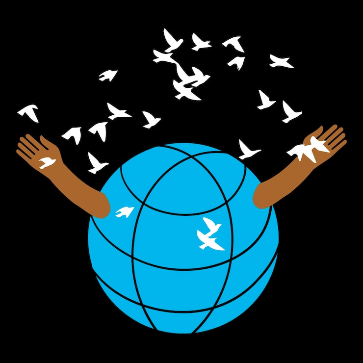 Vector the globe opens the arms of the flock birds