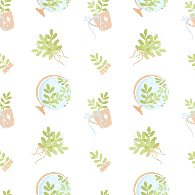 Globe plants a cup with leaves ribbon bow sparkles Seamless background on an ecological theme Vector pattern pastel colors