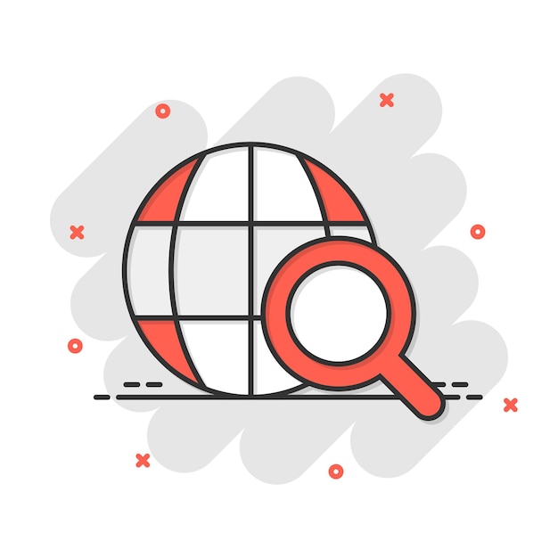 Globe search icon in comic style Network navigation cartoon vector illustration on white isolated background Global geography loupe splash effect business concept