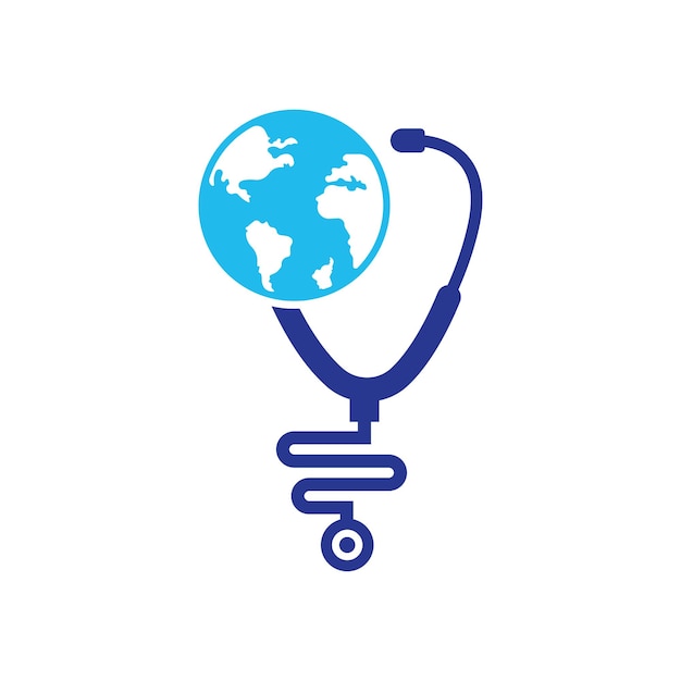 Знак глобуса и векторный логотип врача-стетоскопа. Вектор дизайна логотипа стетоскопа.