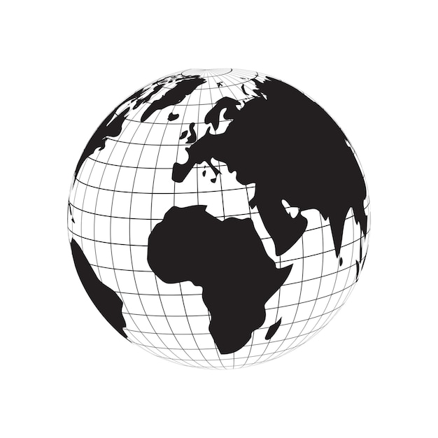 globe silhouette world map continents europe and africa, earth latitude and longitude line grid vect