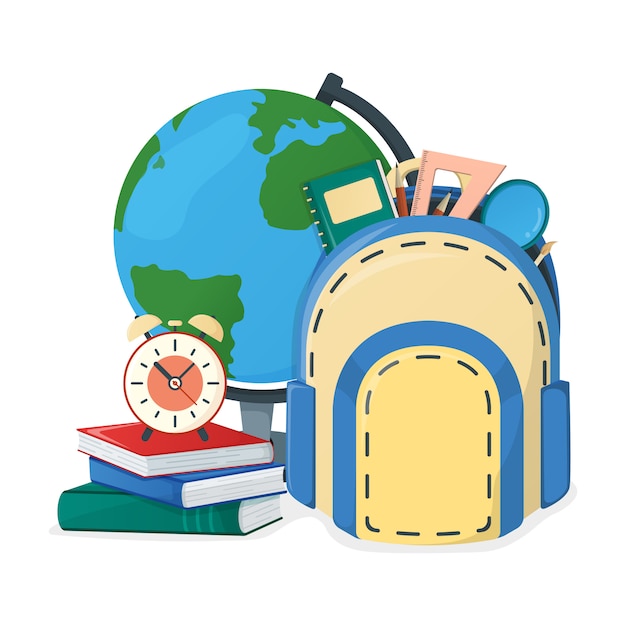 Globe and textbook, school book and backpack, alarm