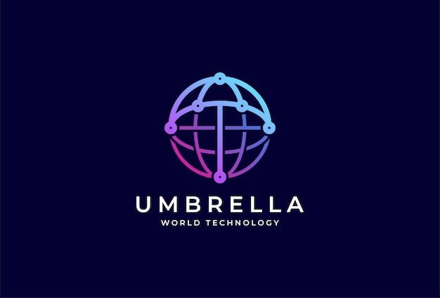 Globe Umbrella ロゴデザイン、グローブと傘の組み合わせ、テクノロジー企業のロゴに使用可能