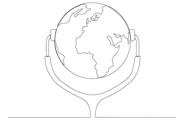 Vector the globe using a stethoscope in world healthy day one line art