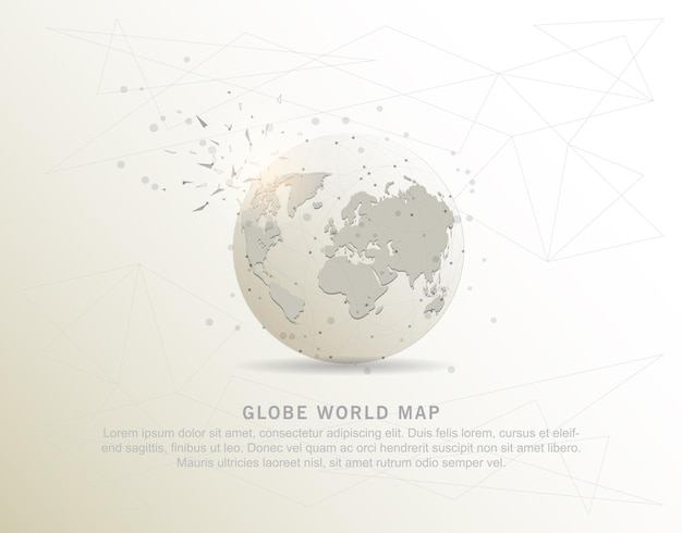 Globe wereldkaart vorm puntlijn en compositie digitaal getekend in de vorm van een gebroken driehoekige vorm en verspreide stippen
