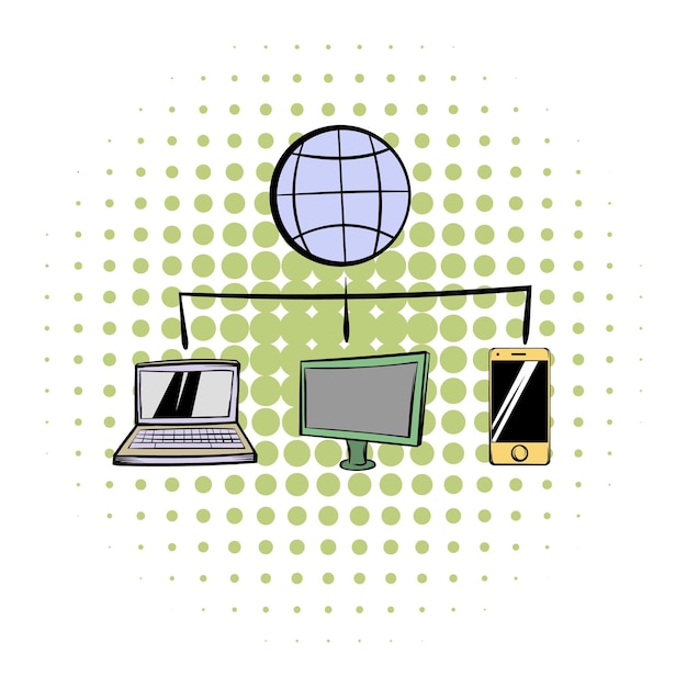 Vector globe with computers and mobile phone comics icon on a white background