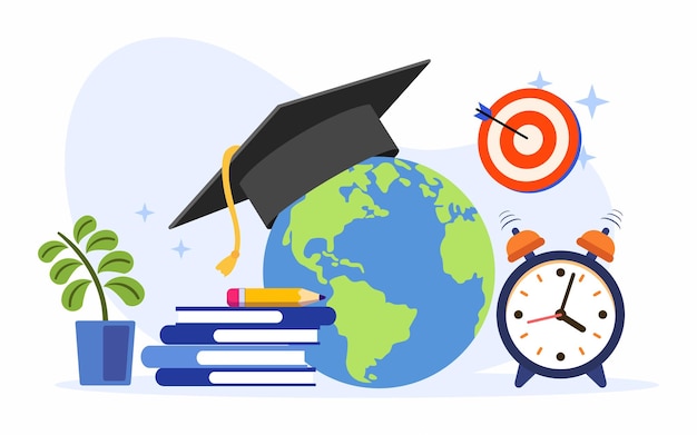 Глобус с выпускной крышкой. дистанционное обучение. концепция изучения глобального бизнеса, образования за рубежом.