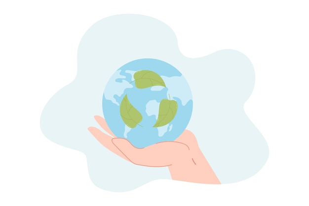 Globe with green leaves in human hand flat vector illustration. Person holding planet or earth in hands, taking care of nature and environment. Ecology, protection concept