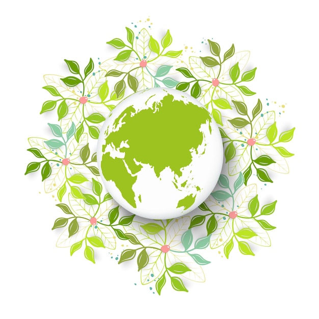 Vector globe with paper colorful flowers and leaves on a white background