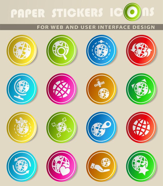 Globes vector iconen op gekleurd papier stickers