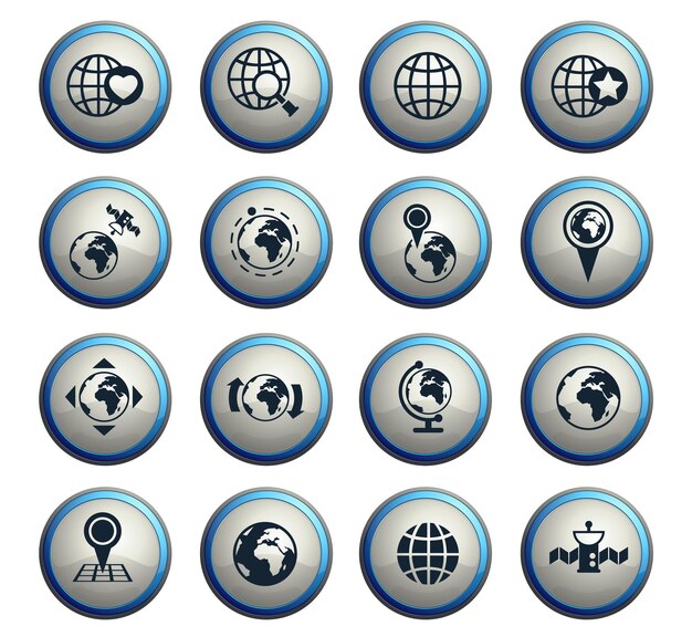 Vector globes vector icons on round buttons for web and user interface design