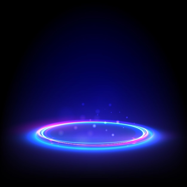 Gloed neon cirkel. Blauwe gloeiende ring op de vloer. Abstracte hi-tech achtergrond voor weergaveproduct.