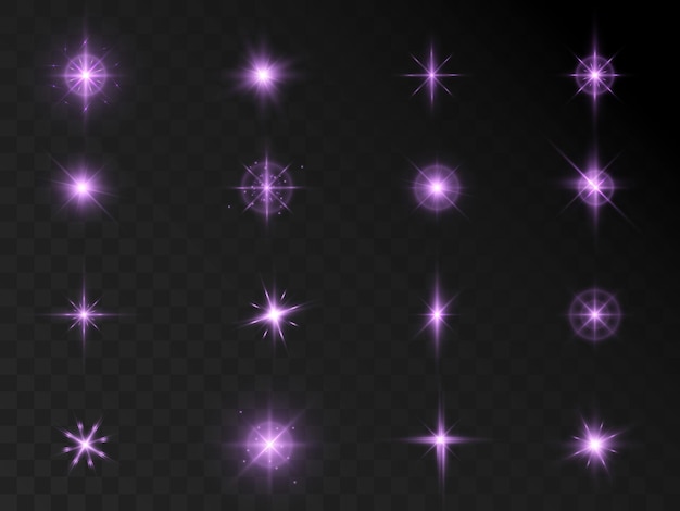 Gloed van paarse lichtsterren op een transparante achtergrond. Wazig licht vector collectie. Flits, zon,