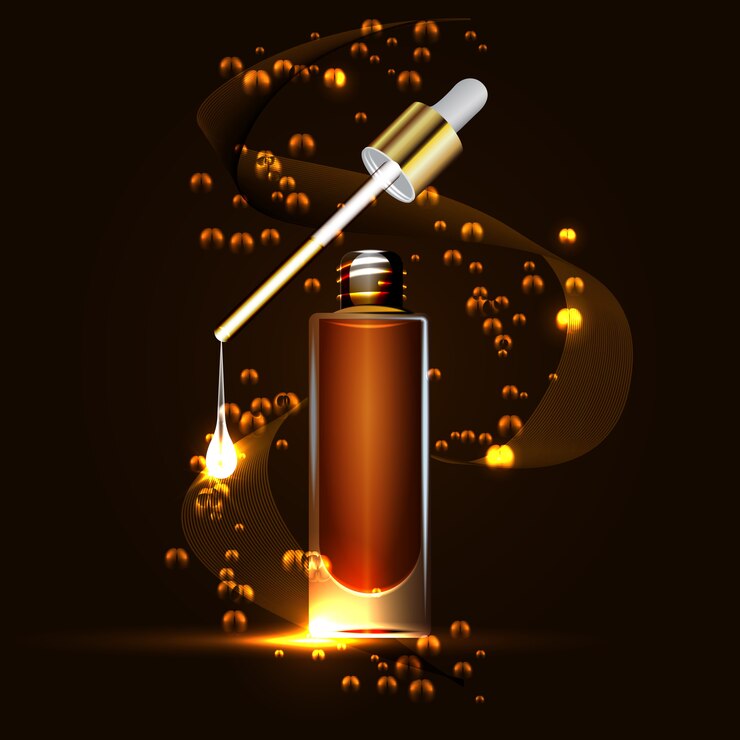 Vector gloednieuwe patroon cosmetische advertenties, glazen fles druppels essentie-olie geïsoleerd op bruine achtergrond.