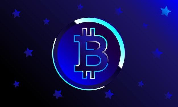 Gloeiend blauw Bitcoin vector symbool op donkerblauwe sterren achtergrond