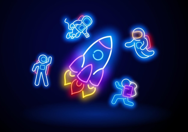 Gloeiend neon ruimtevaarder bord met neon ruimteschip raket kosmonaut pictogram kosmisch neon teken helder uithangbord licht banner ruimte en kosmonaut logo embleem