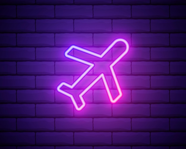 Gloeiend neon vliegtuigpictogram geïsoleerd op bakstenen muur achtergrond vliegend vliegtuig airliner verzekering veiligheid veiligheid bescherming beschermen concept