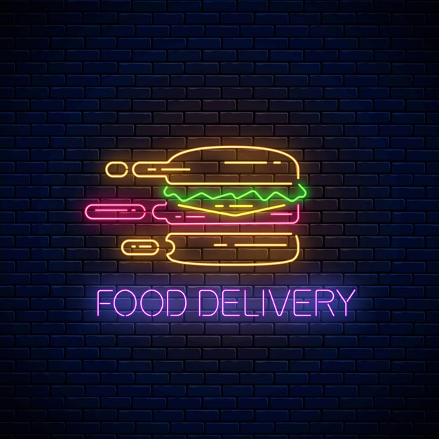 Gloeiend neonbord voor voedselbezorging met haastige hamburger op donkere bakstenen muurachtergrond. snel leveringssymbool in neonstijl. fastfood concept illustratie. vector.