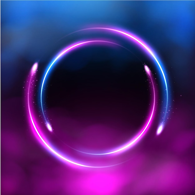 Gloeiende cirkel trail neon verlichting frame futuristische achtergrond met blauwe en roze rook vector