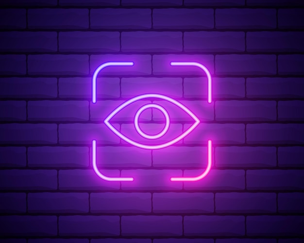 Gloeiende neon lijn Eye scan pictogram geïsoleerd op bakstenen muur achtergrond Scannen oog Veiligheidscontrole symbool Cyber eye teken Vector Illustratie