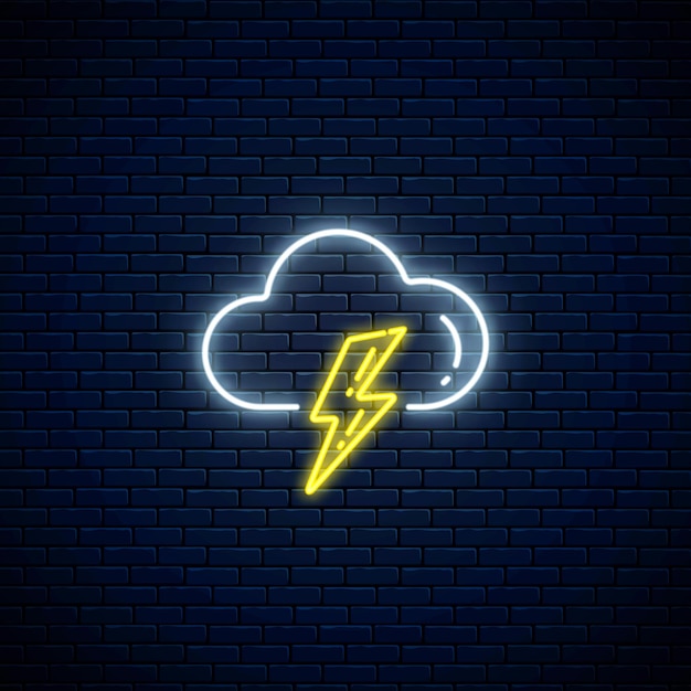 Gloeiende neon onweer weerpictogram op donkere bakstenen muur achtergrond. stormsymbool met wolk en bliksem in neonstijl voor weersvoorspelling in mobiele applicatie. vector illustratie.