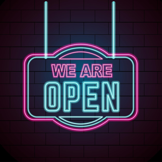 gloeiende neon we zijn open tekensjabloon