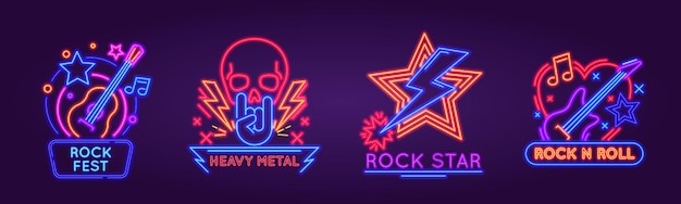 Gloeiende neonborden voor rockfestival-, band- of clublogo. lichtbord voor rock n roll muziekfeest met punk schedel en gitaren vector set. akoestische en elektrische muziekinstrumenten voor heavy metal