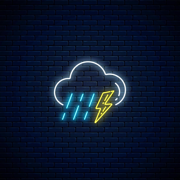 Gloeiende neononweersbui met regenweerpictogram. Storm- en regensymbolen met bliksem in neonstijl