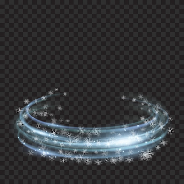 Gloeiende ringen met glitter en sneeuwvlokken in lichtblauwe kleuren op transparante achtergrond. lichteffecten. voor gebruik op donkere achtergronden. transparantie alleen in vectorformaat