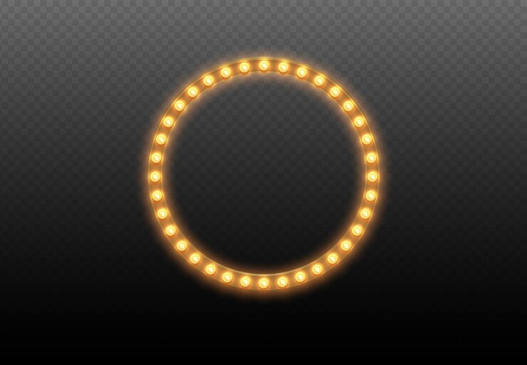 Vector gloeilamp cirkel. ronde lichten frame op transparante achtergrond. verlichte ronde realistische casinobanner met geïsoleerde lampen. vector glanzende doorschijnende gloeiende boarder voor reclame-ontwerp.