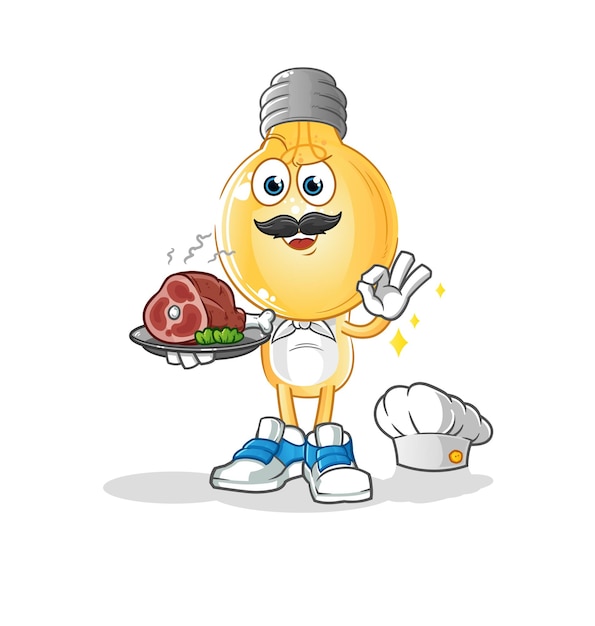 Gloeilamp hoofd cartoon chef-kok met vlees mascotte cartoon vector